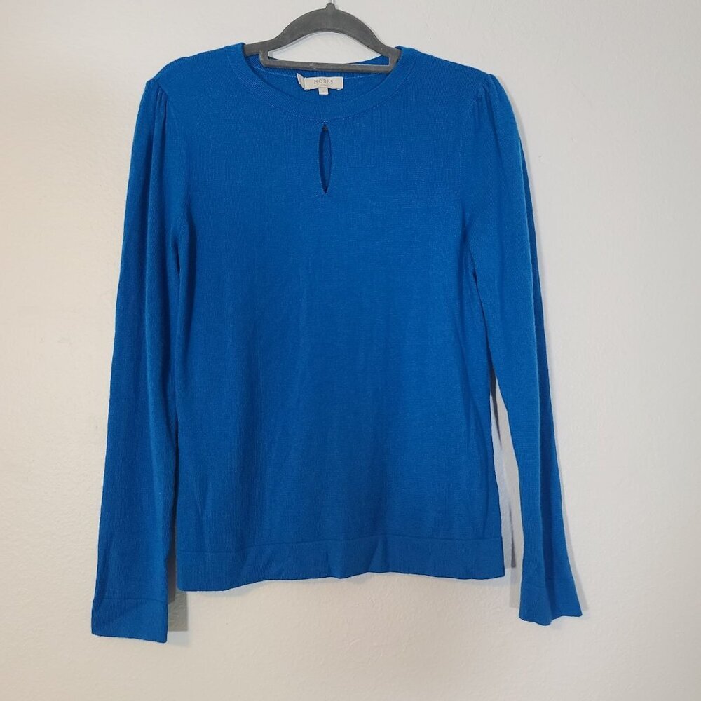 Hobbs London Wool Cashmere Blend Sweater Keyhole Neckline Blue Size Small